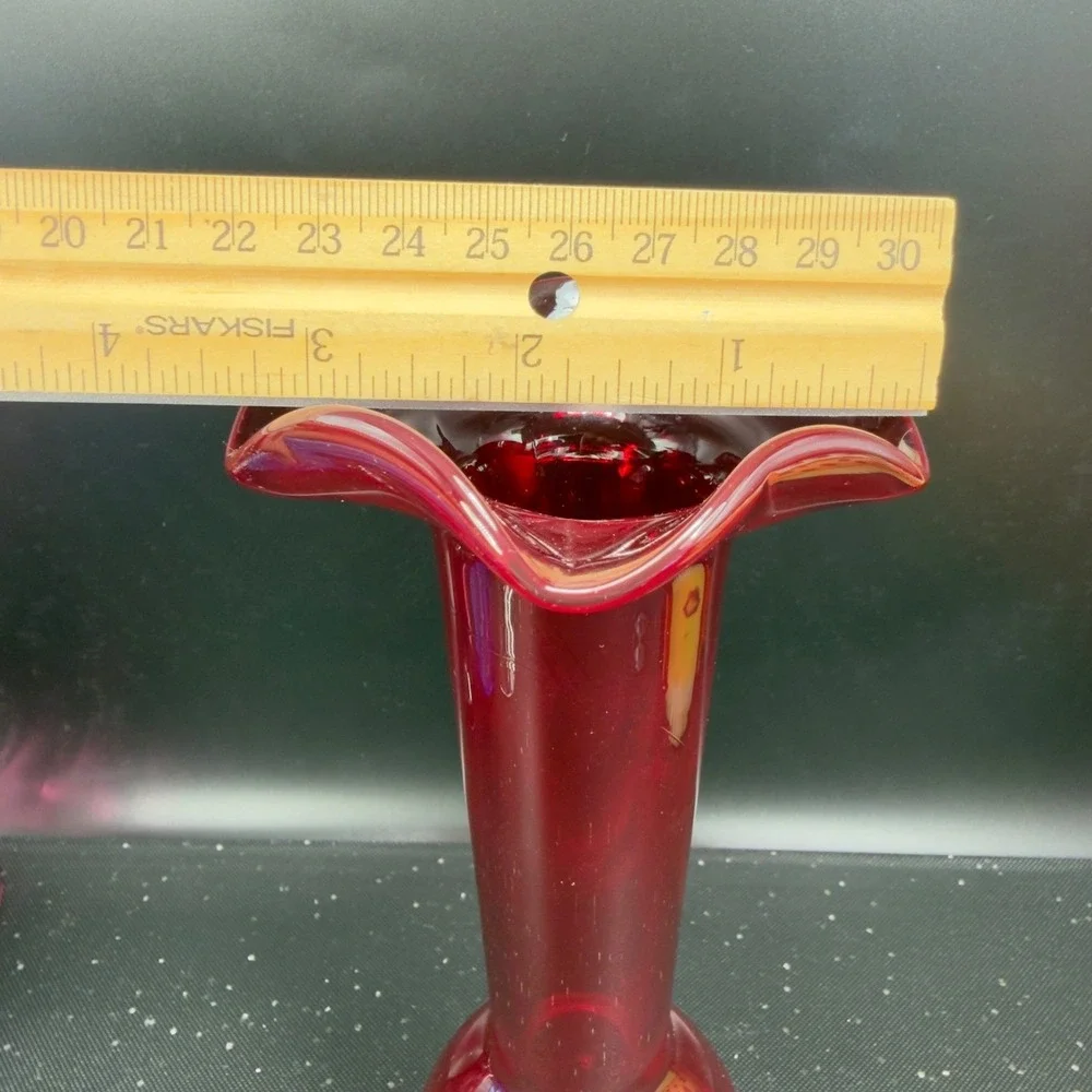 Vintage Ruby Red Crackle Art Glass Bud Vase Ruffled‎ Rim Clear Base 1990s Vase